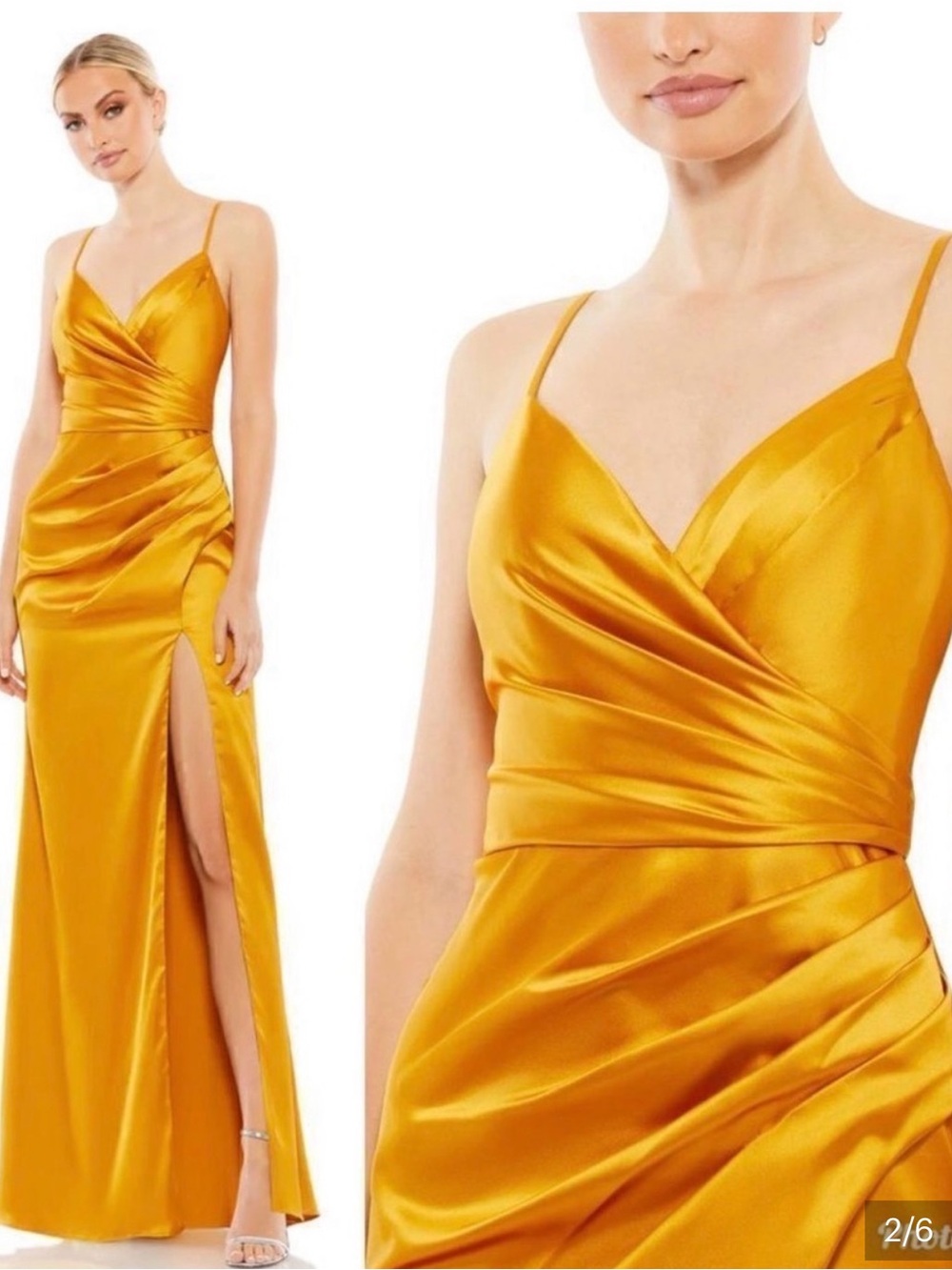 Mac Duggal Gold Satin Spaghetti-Strap Evening Gown
